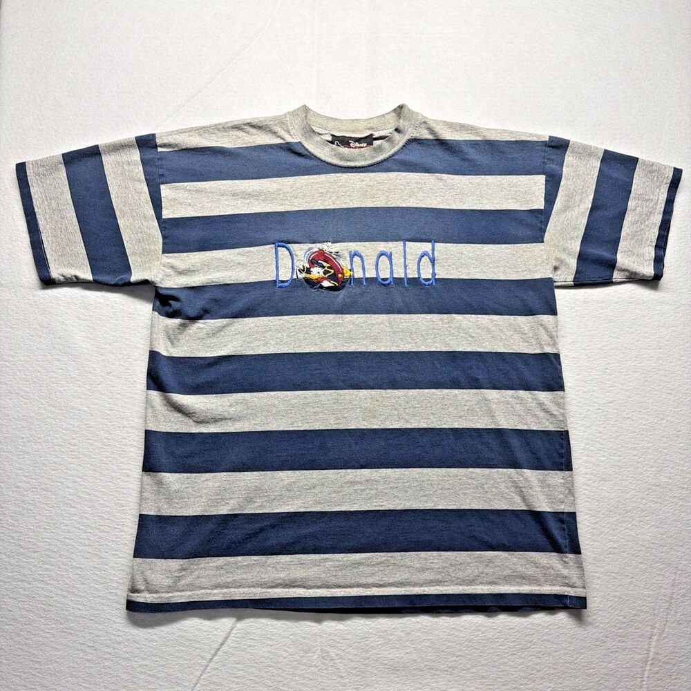 Vintage 90s Disney Donald Duck Embroidered Striped T Shirt Theme Parks Men's XL